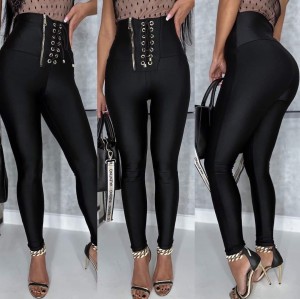 Legginsy La Diva wiązane z zamkiem tył gładki czarne