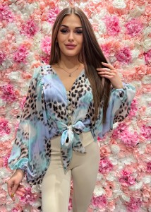 Bluzka La Diva wiązana Island panterka miętowo fiolkowa 